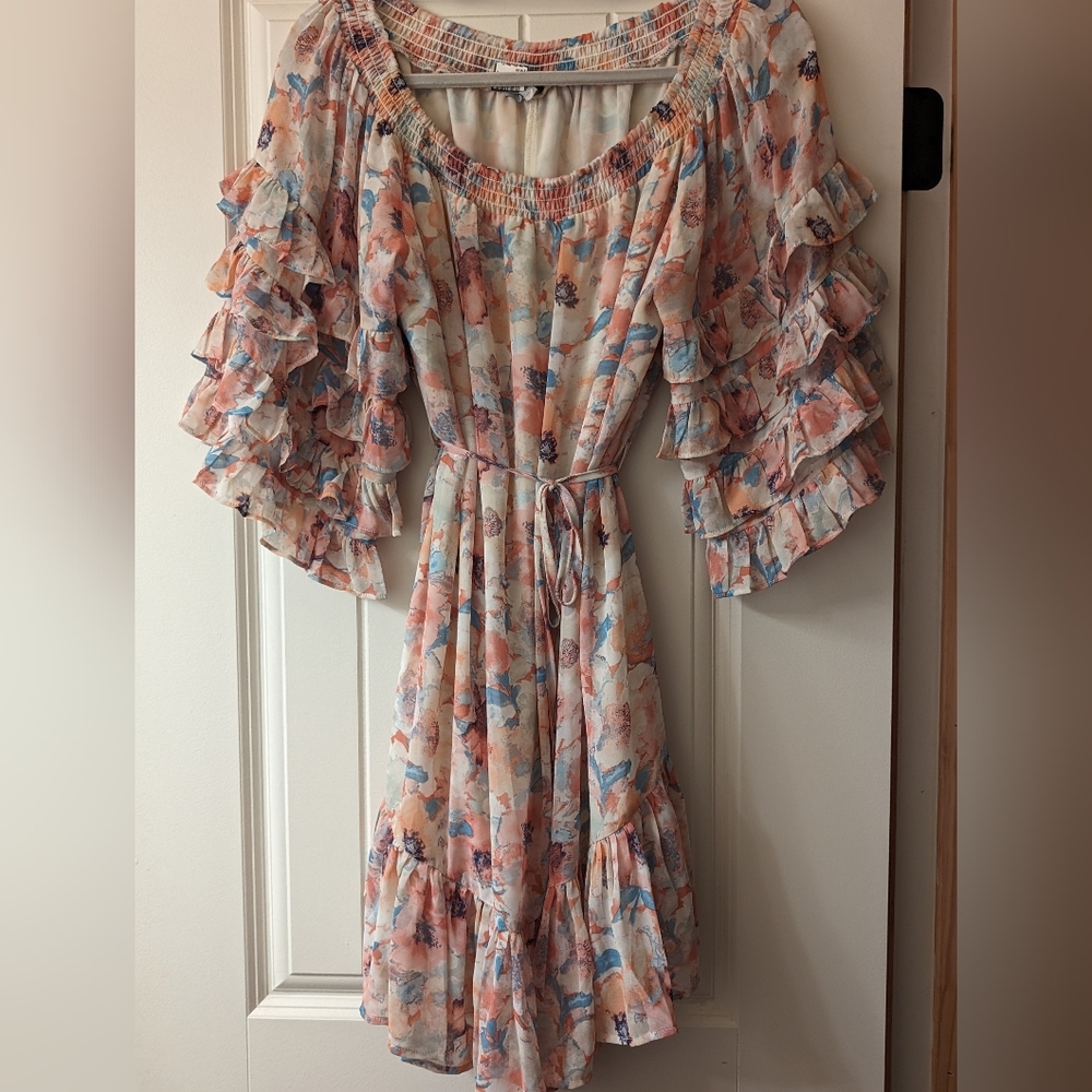 Fate Dress Womens S Off Shoulder Floral Ruffle Tiered Mid Sleeves Waist Tie Boho